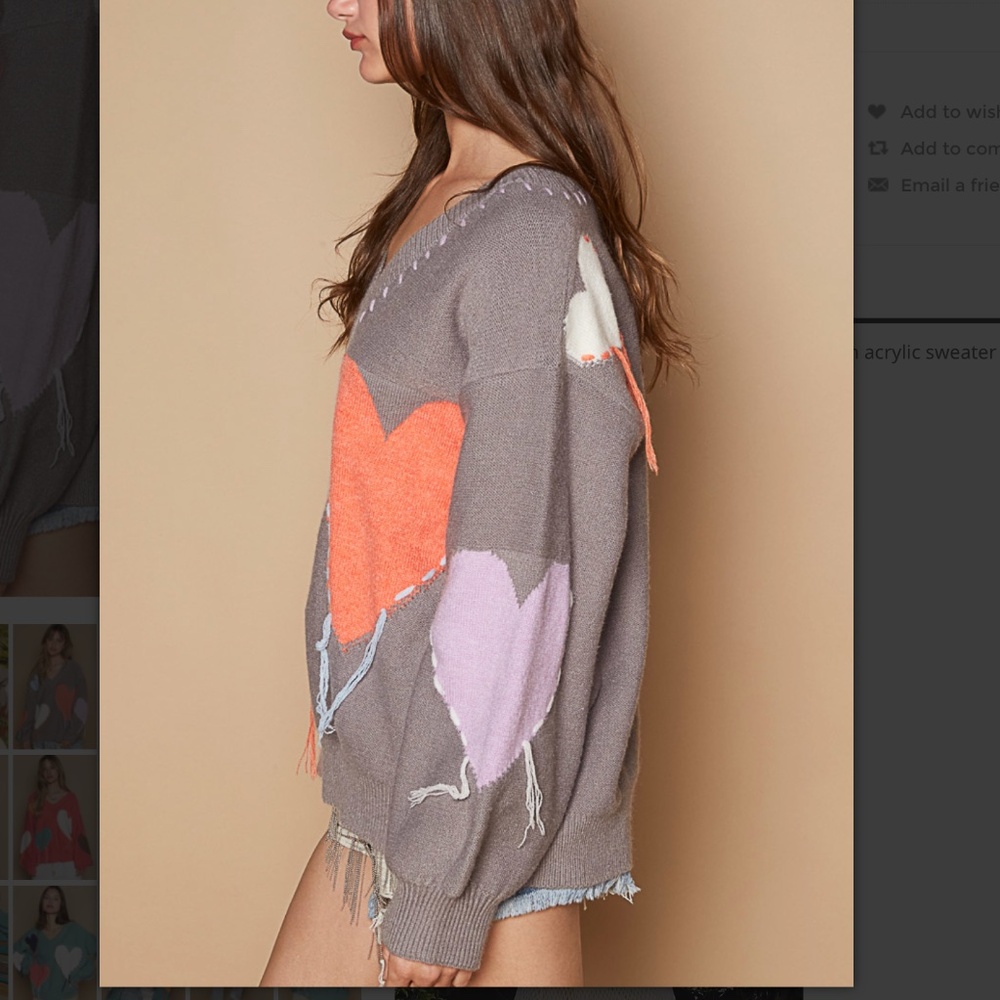 POL top Taupe V-Neck Sweater with Orange, Cream, and Light Blue Hearts POL NEW - Picture 9 of 9